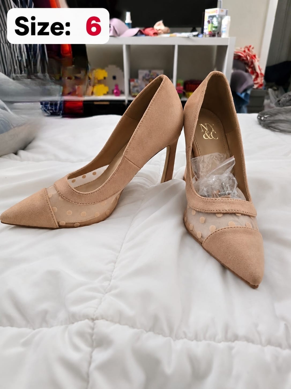 New York & Company Tan Pointed-Toe Mesh Polka Dot Pumps